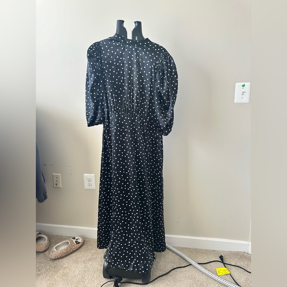 ASOS Black Polka Dot Puff Sleeve Midi Dress - Picture 4 of 8